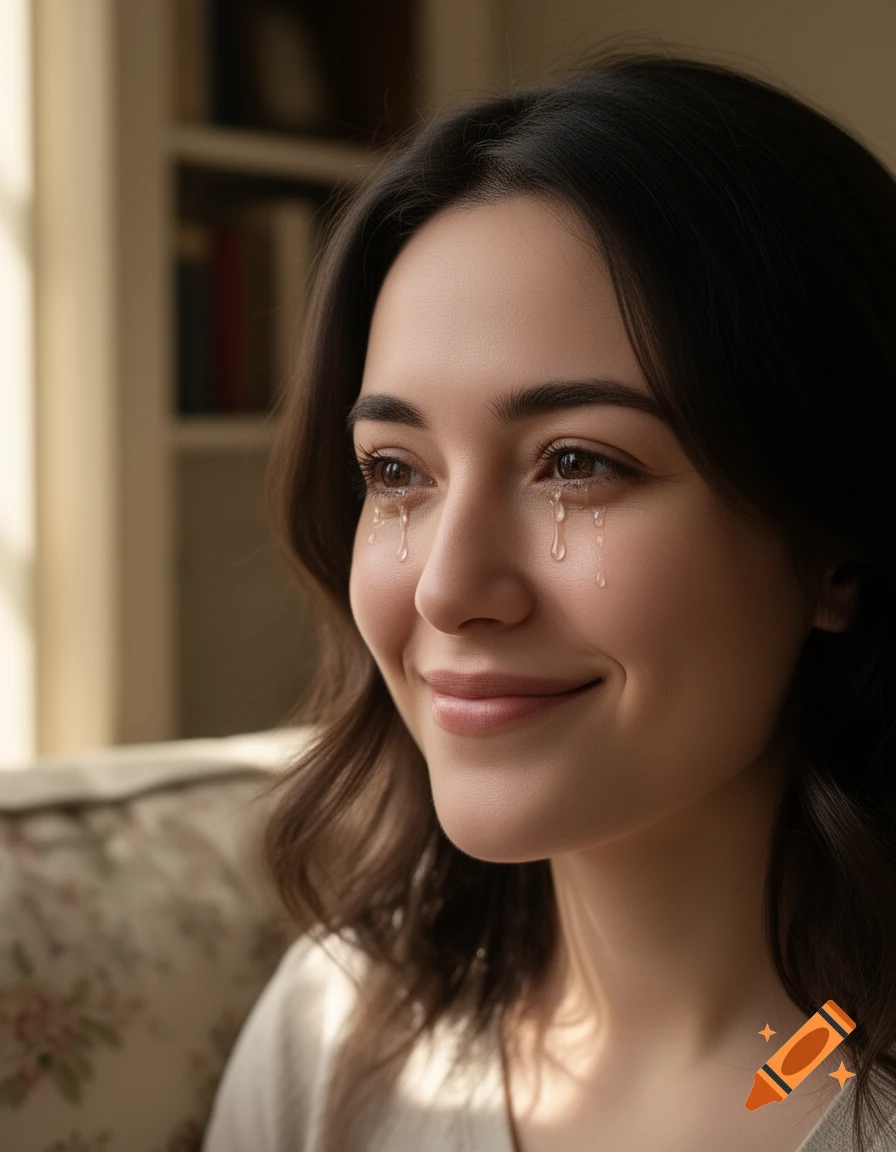 A photorealistic portrait of a young woman with dark hair, smiling while tears stream down her cheeks, indoors.