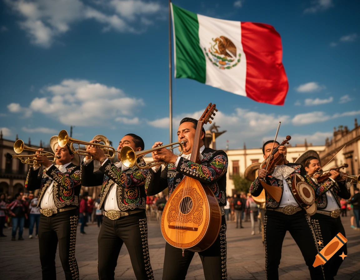 A mariachi band performs outdoors with the Mexican flag waving in the background under a blue sky.