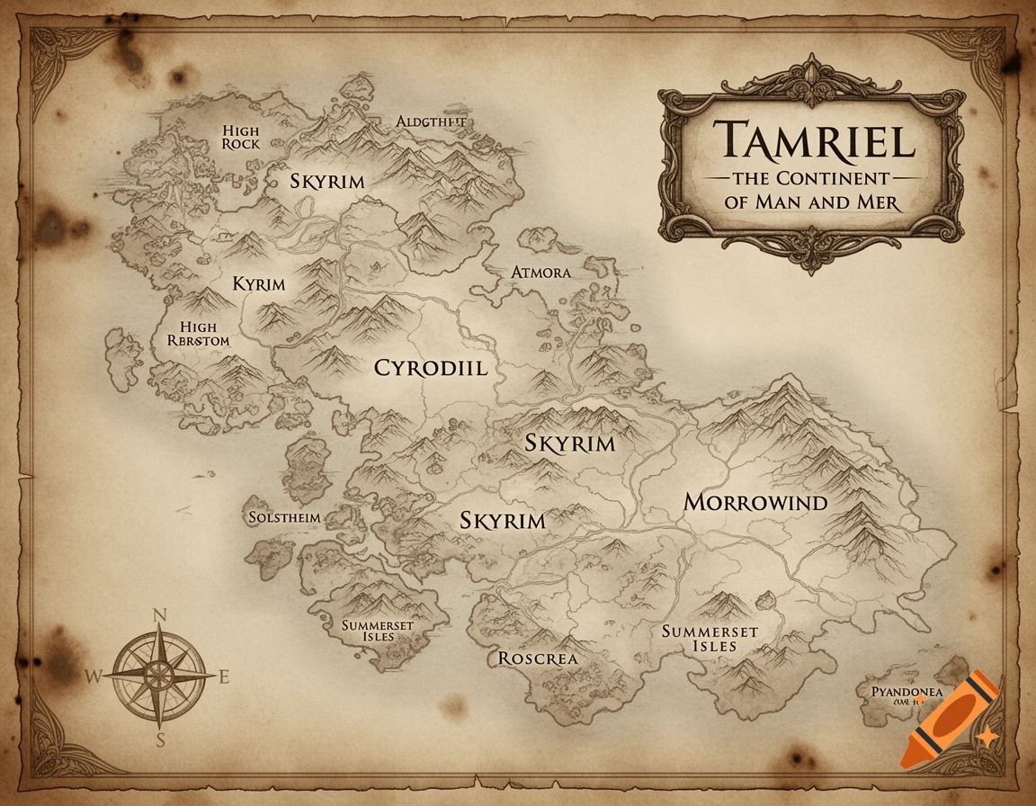 An aged parchment-style fantasy map of Tamriel with hand-drawn coastlines and mountains, and digital labels for regions like Skyrim, Cyrodiil, and Morrowind, featuring a compass rose and ornate cartouche.