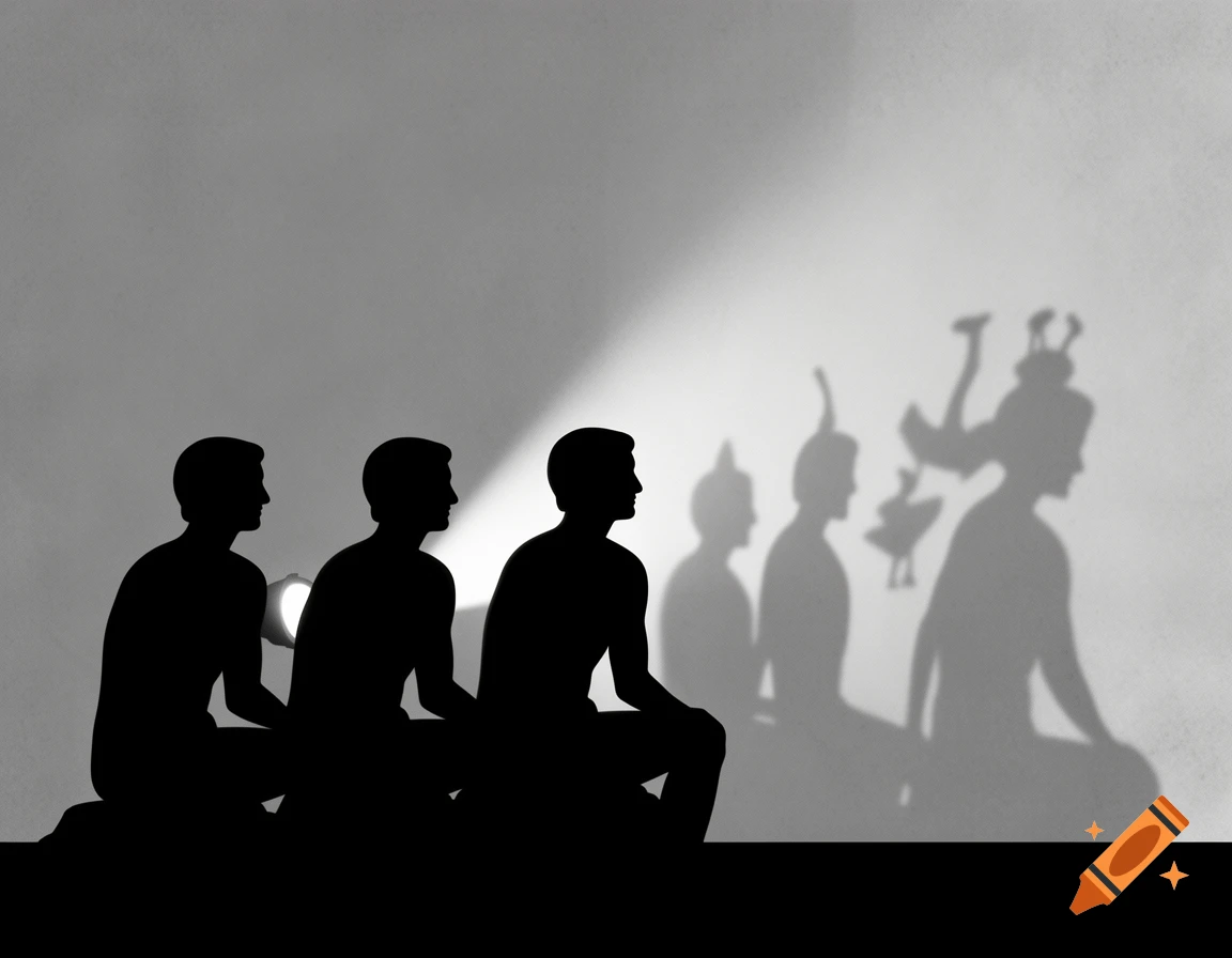 Minimalist, high-contrast illustration of Plato's Allegory of the Cave, showing three silhouetted figures watching shadows on a wall.