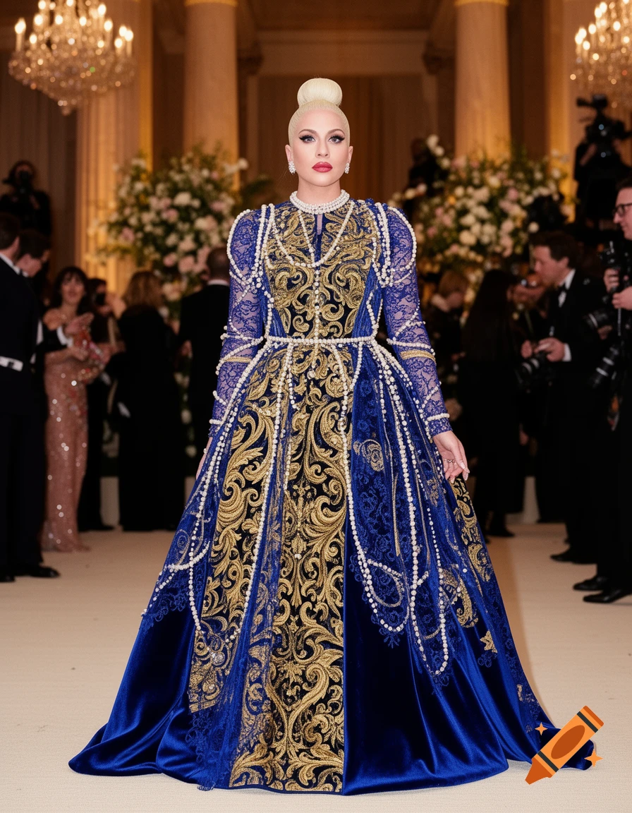 Lady Gaga in a magnificent royal blue and gold embroidered dress with pearl strands, hair in a high bun, at a formal event.