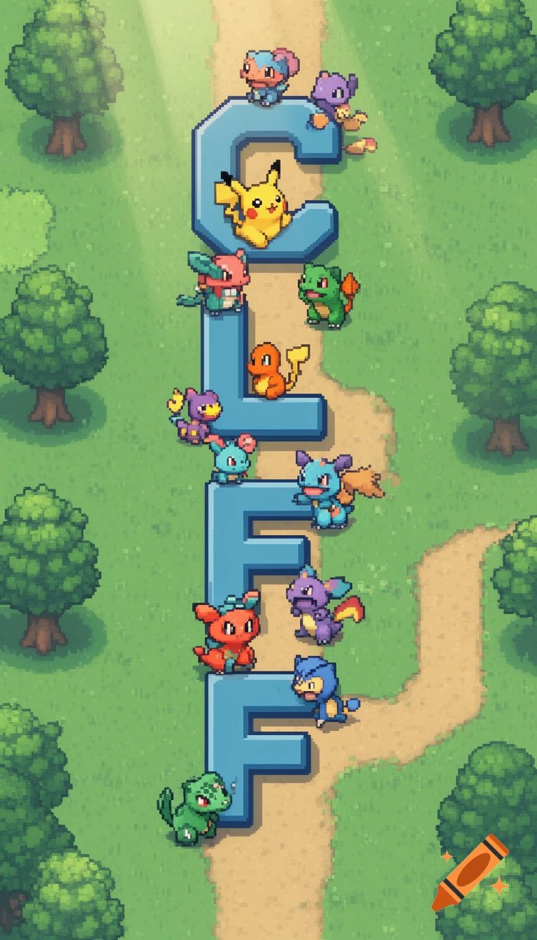 Pixel art image of the word "CLIFF" vertically, with various small, colorful fantasy creatures climbing on the letters in a green, pixelated landscape.