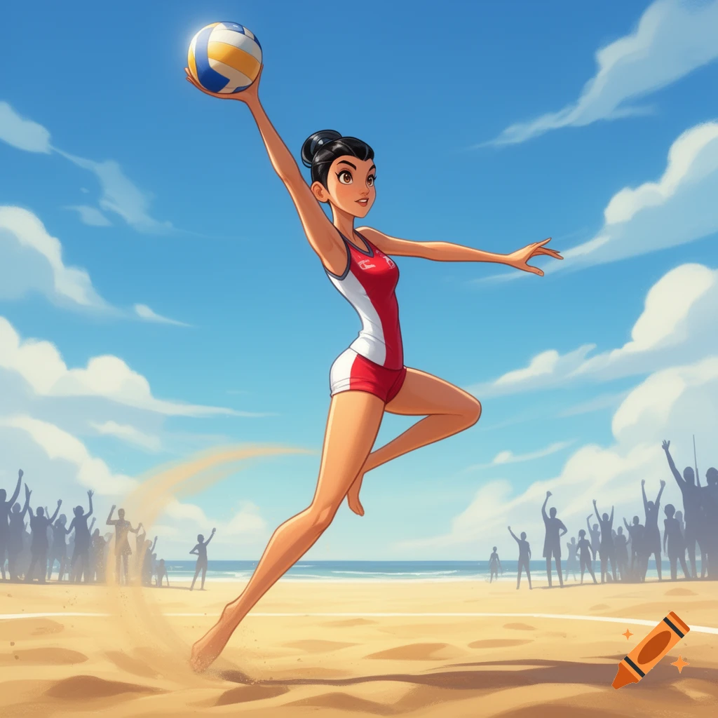 Cartoon female volleyball player in a red and white uniform jumping to spike a ball on a sunny beach, with spectators.
