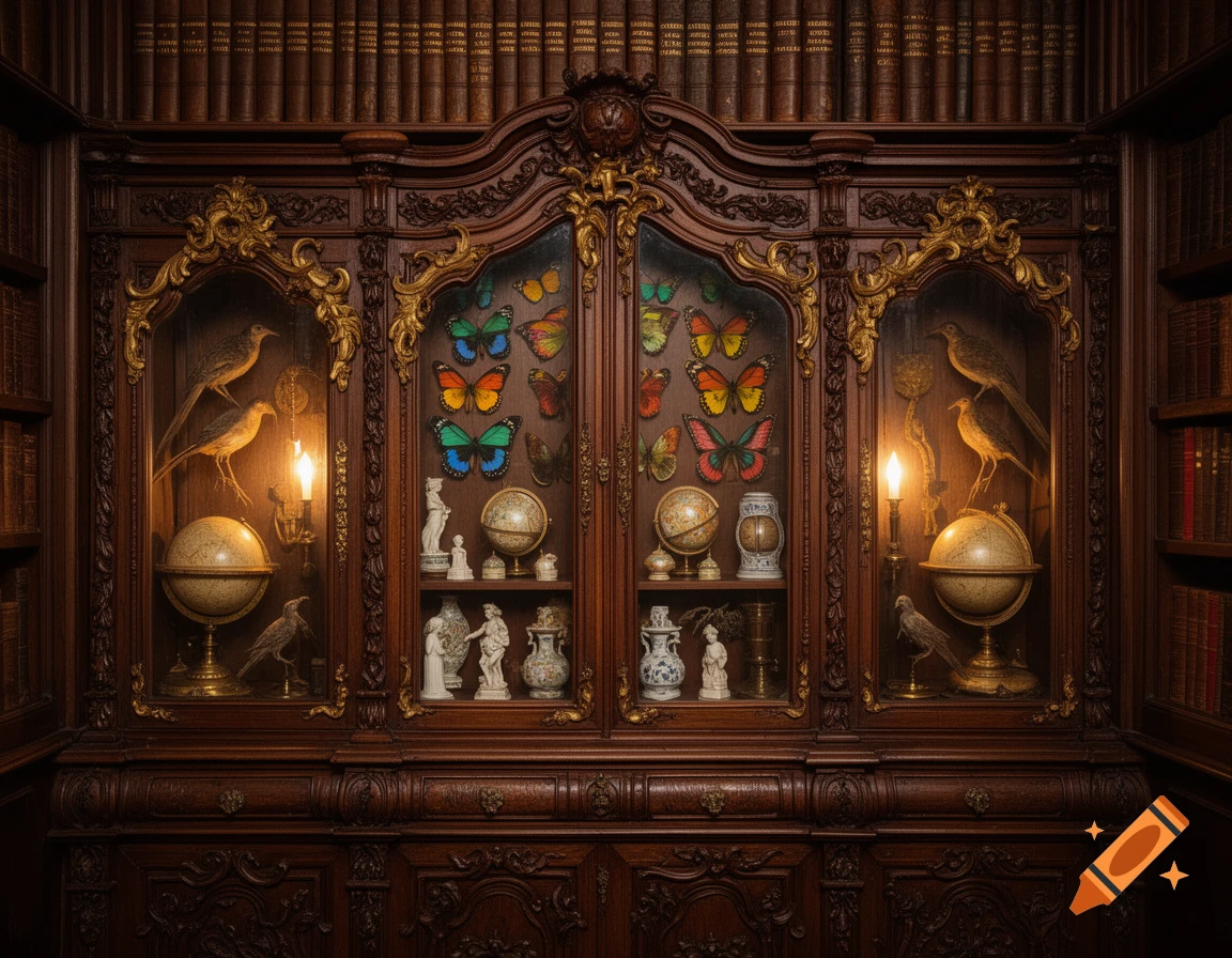 Ornate 17th-century wooden cabinet of curiosities with glass displays featuring globes, butterflies, birds, and figurines, surrounded by bookshelves.