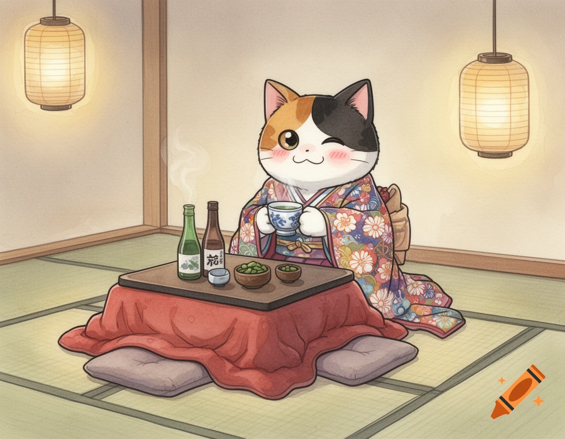 A winking calico cat in a colorful kimono drinks from a cup at a kotatsu table with sake bottles, watercolor style.