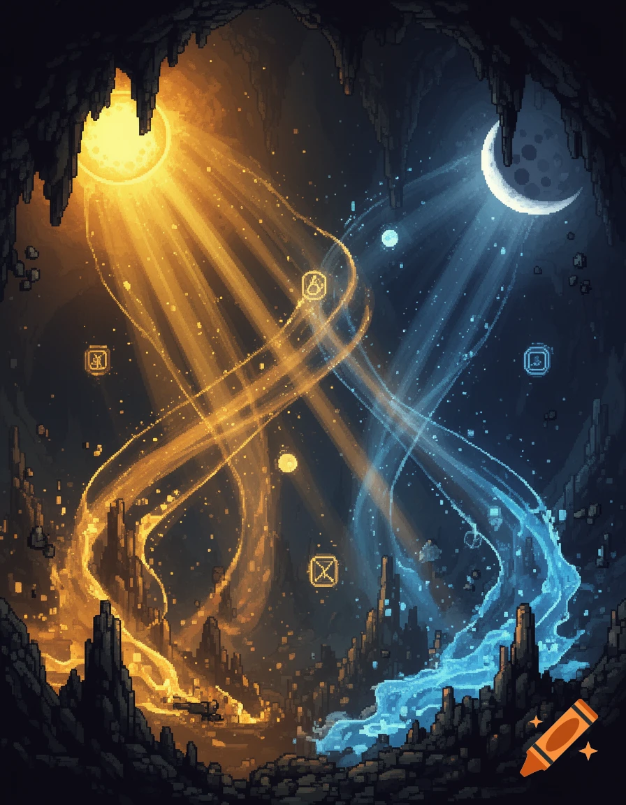 Pixel art depiction of a dark cave interior, illuminated by a glowing orange sun on the left and a blue crescent moon on the right. Streams of golden and blue magic energy intertwine through the rocky landscape.