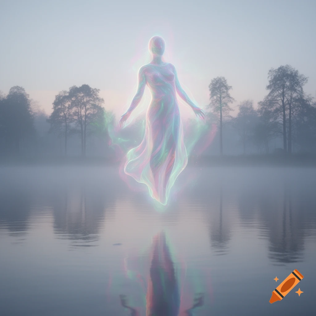 A glowing, translucent, colorful humanoid figure floats over misty water, with trees in the hazy background. Ethereal style.