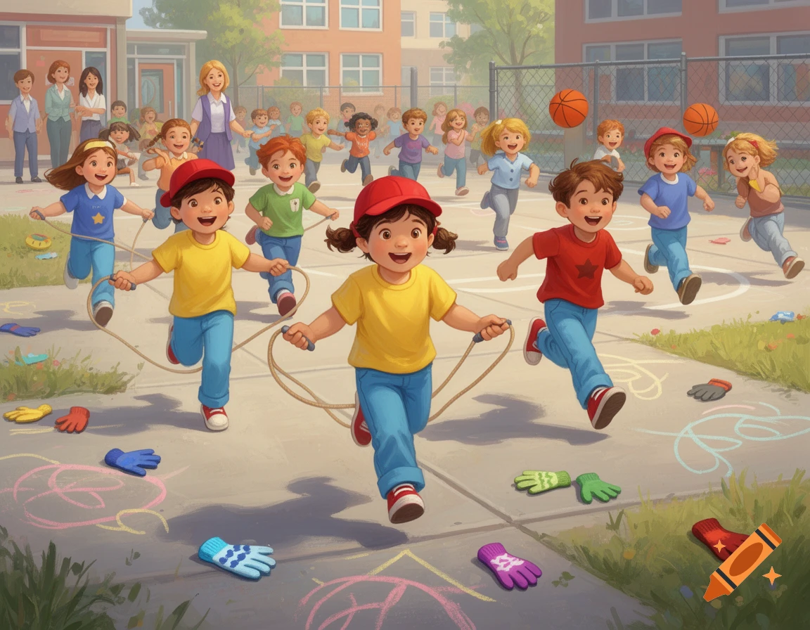 Animated illustration of many children happily playing and skipping rope on a schoolyard, with colorful gloves scattered on the ground.