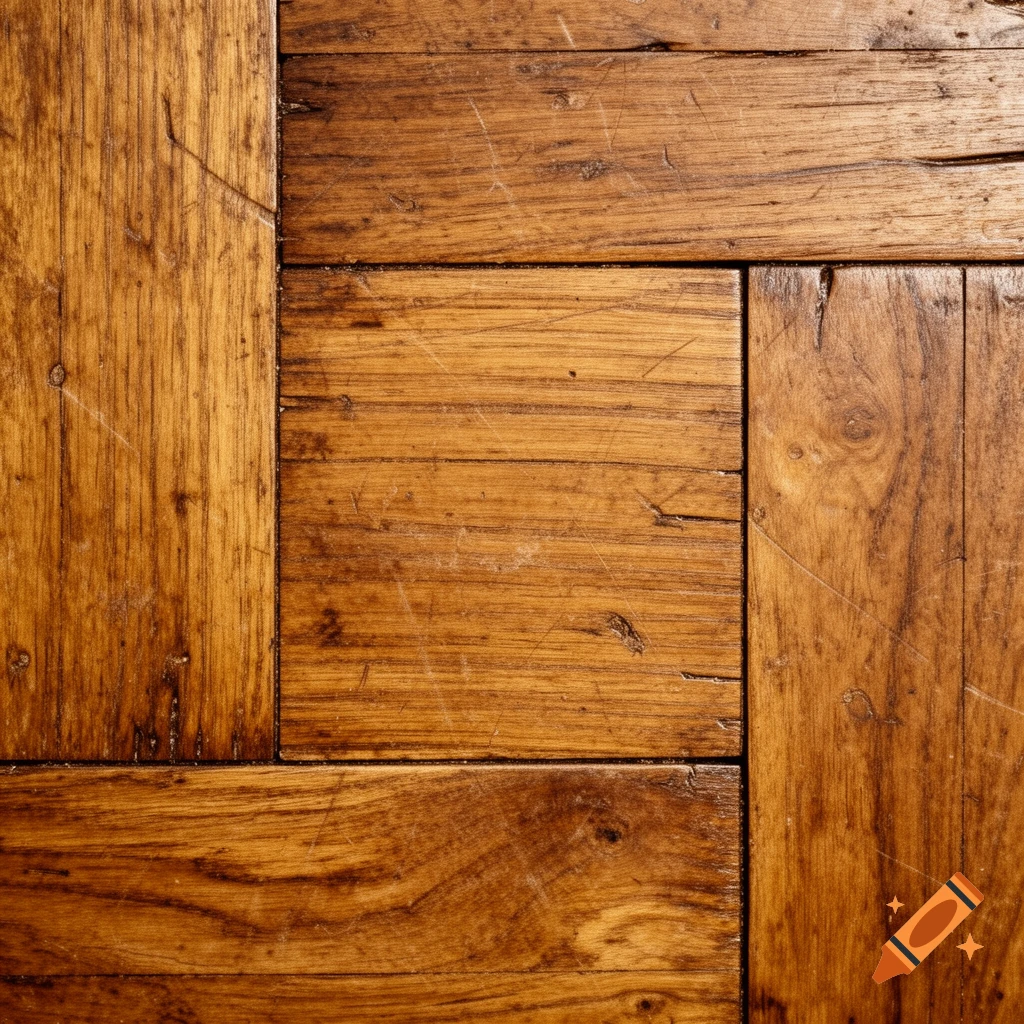Close-up, top-down view of old, scratched wooden parquet flooring with varying wood grains.