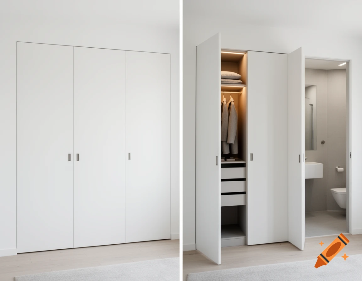 Two photorealistic views of a minimalist white built-in closet, one closed, one open revealing storage and a hidden bathroom.