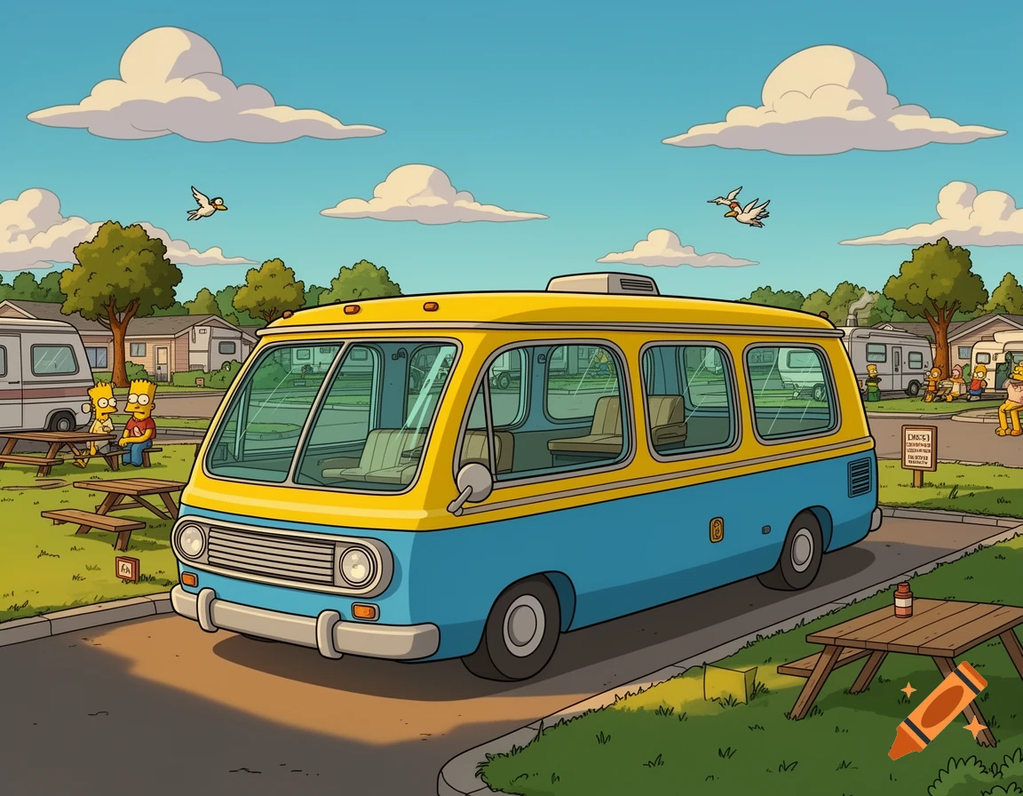 A cartoon-style blue and yellow van parked in a caravan park, with generic Simpsons-like characters sitting at picnic tables in the background.