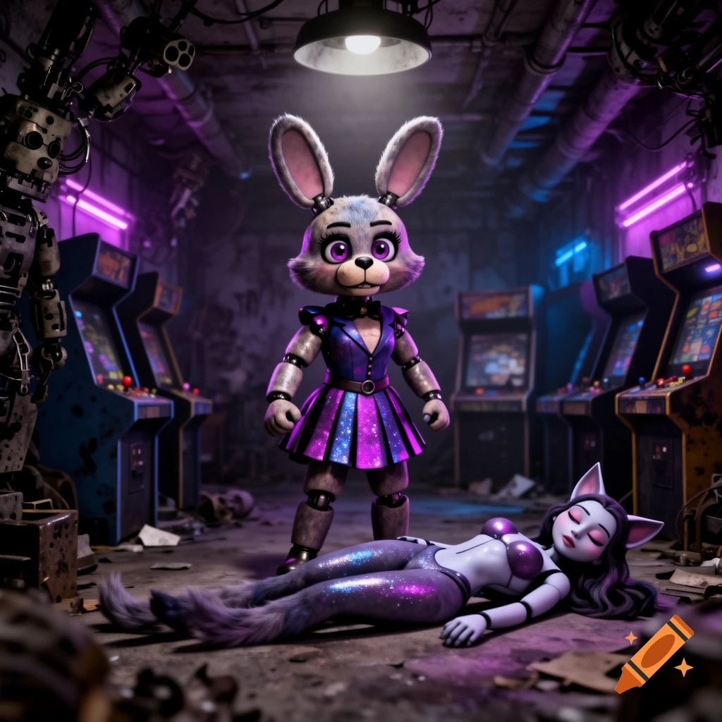 A stylized rabbit animatronic stands over a lying cat animatronic in a dark, grimy arcade room with neon lights.