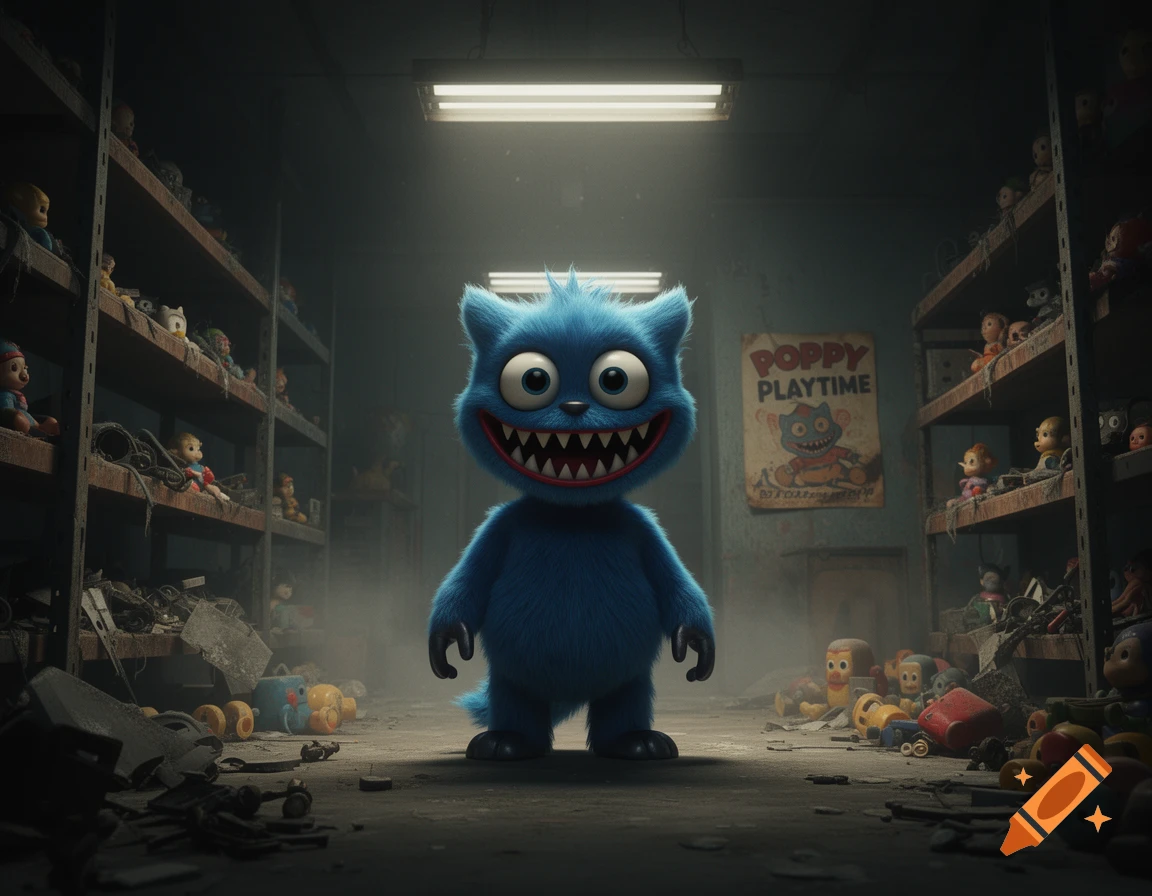 A blue, fluffy monster with a wide, toothy grin stands in a dark, dusty toy storage room. Shelves filled with old dolls and toys line the walls, and a poster for "Poppy Playtime" hangs on the back wall. The scene is lit by an overhead fluorescent light, creating an eerie atmosphere.