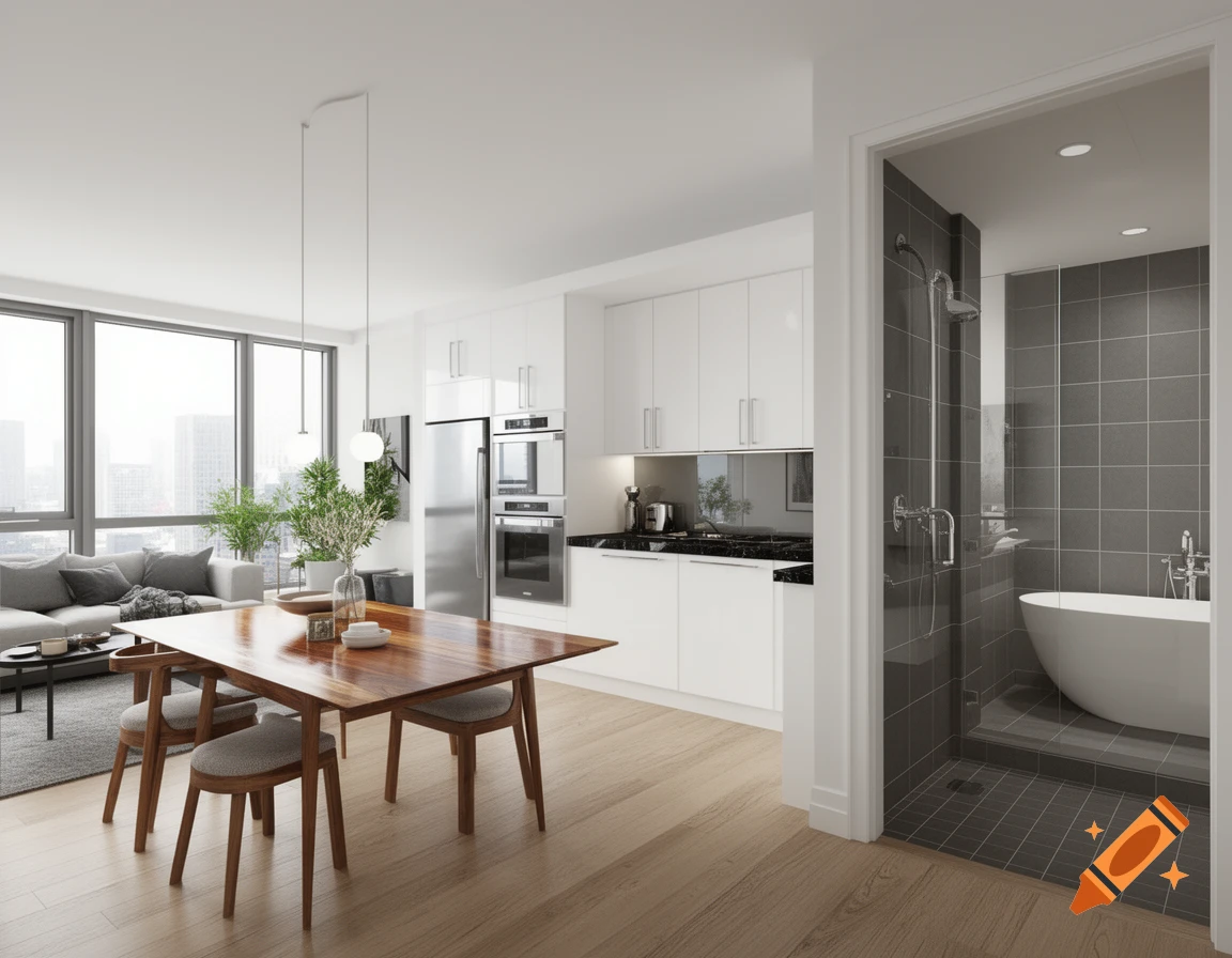 A modern open-plan apartment interior with a living room, kitchen, and bathroom visible.