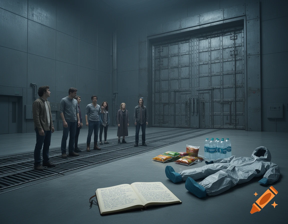 Seven people in a vast, grey industrial room with a large metal door. A hazmat suit, water, food, and a notebook are on the floor.