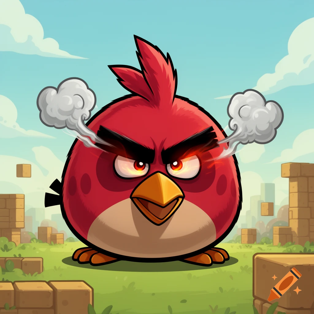 An angry red Angry Bird character, Red, steaming with rage in a cartoon game environment.