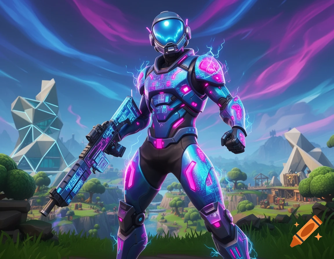 A futuristic warrior in glowing blue and pink armor with a rifle stands in a vibrant, stylized landscape reminiscent of Fortnite.