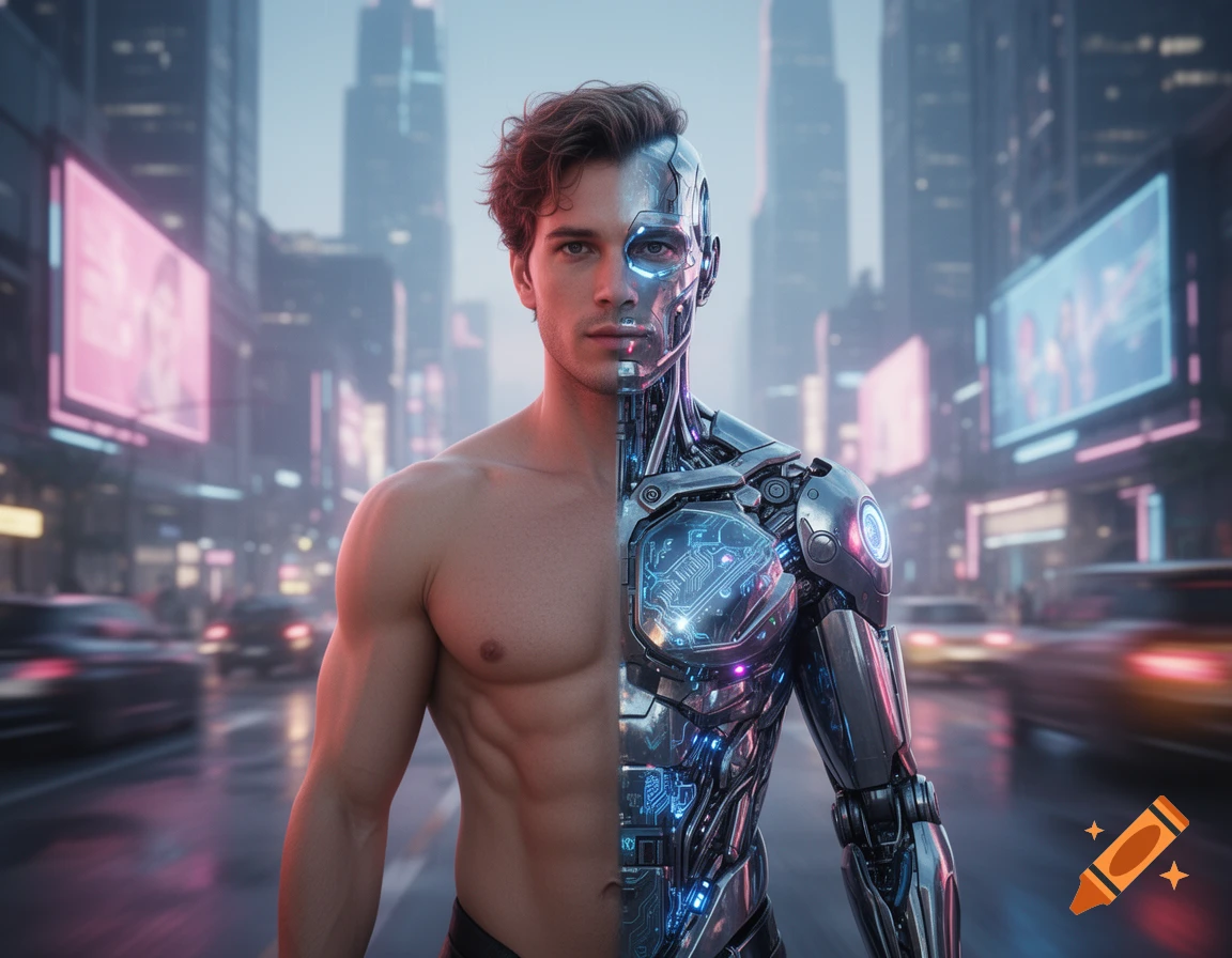 A man, half human and half cyborg, stands shirtless on a futuristic city street at dusk, with neon lights and blurred traffic in the background.
