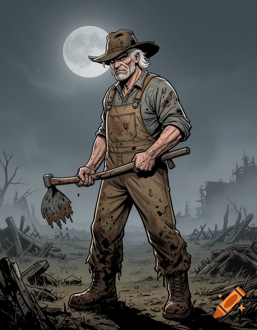 A grim, bearded farmer in a hat and muddy overalls holds an axe in an apocalyptic wasteland under a full moon, comic art style.