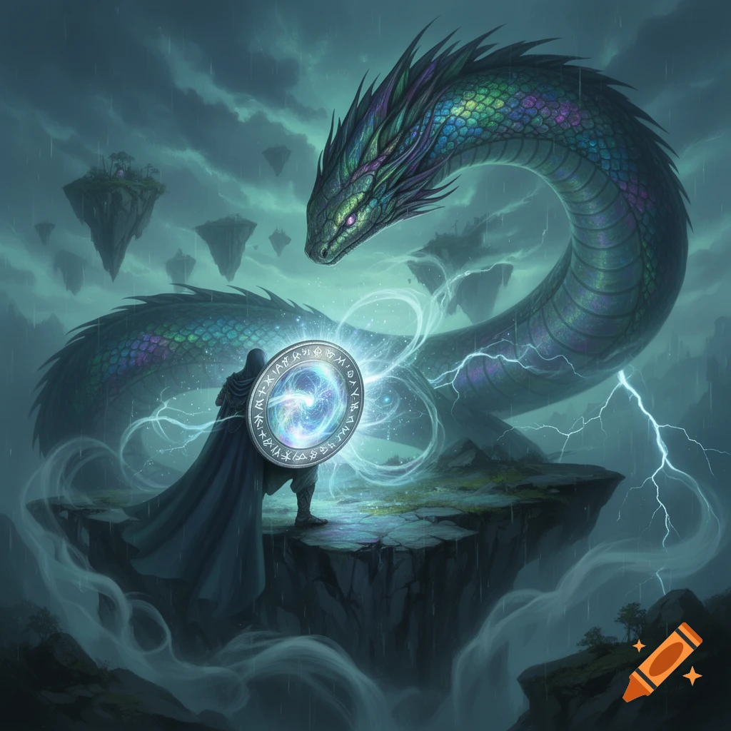 A robed figure holding a glowing magical shield confronts a large iridescent dragon amidst a stormy sky and floating islands.