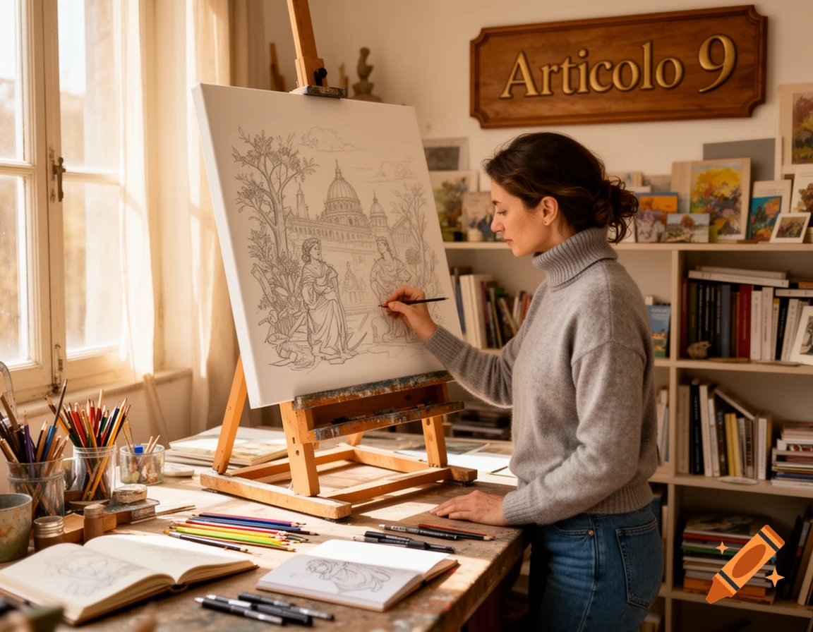 A woman in a cozy art studio draws a detailed architectural sketch on a canvas, with pencils and books on a wooden desk. A sign above reads "Articolo 9".