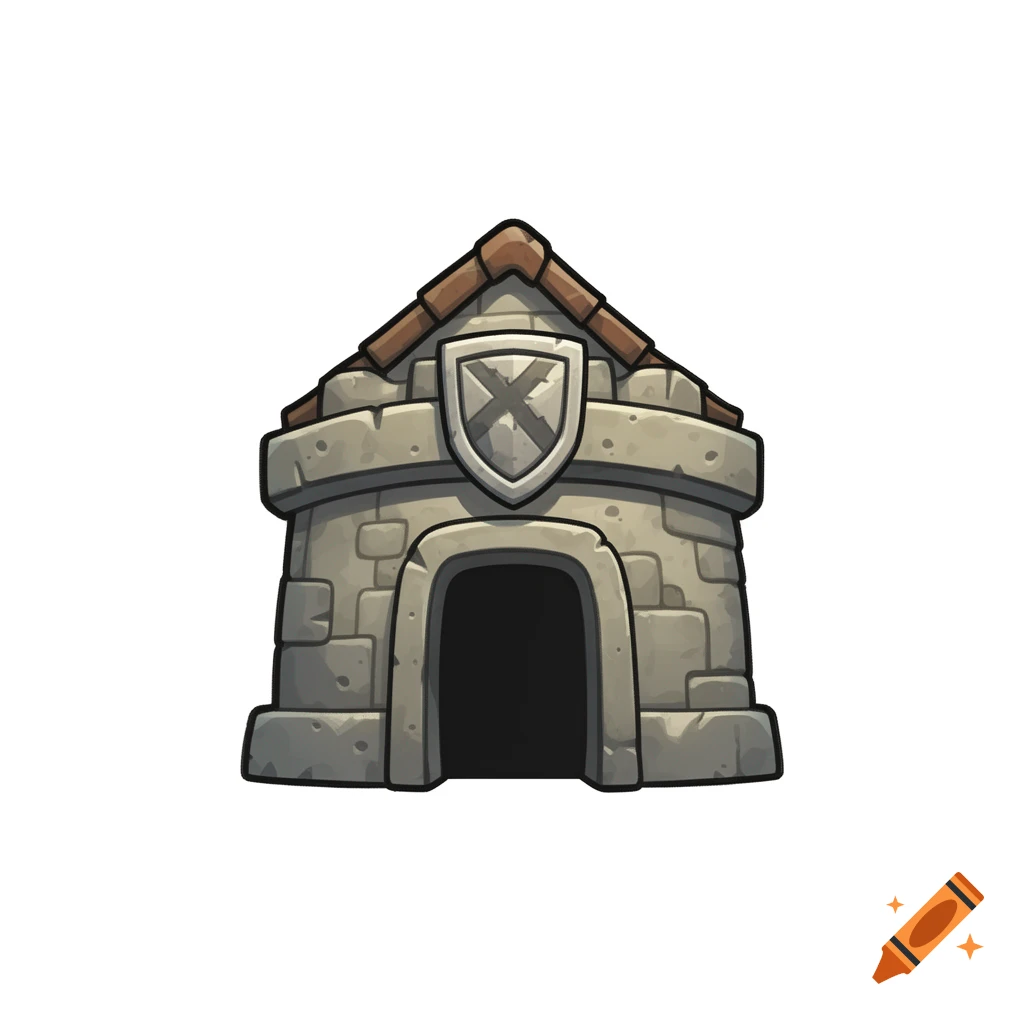 A chunky hand-drawn cartoon style stone barracks with a brown tiled roof, a heraldic shield with an X above a dark entrance, on a white background.