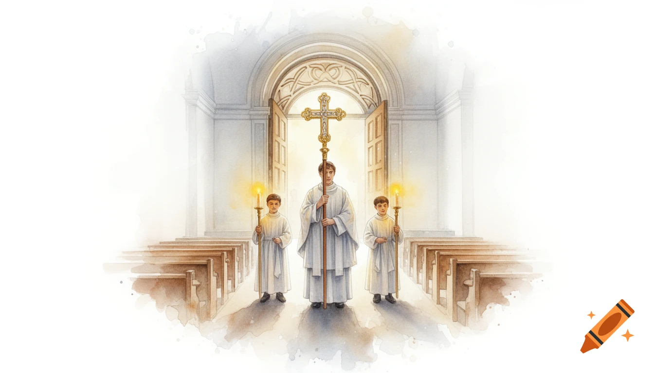 Watercolor of a crucifer with a cross and two altar boys with candles standing in a church sanctuary with pews and an arched doorway.