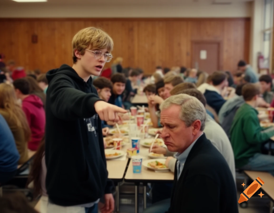 A young man with blonde hair and glasses points at a sad-looking George W. Bush in a bustling high school cafeteria, photorealistic.