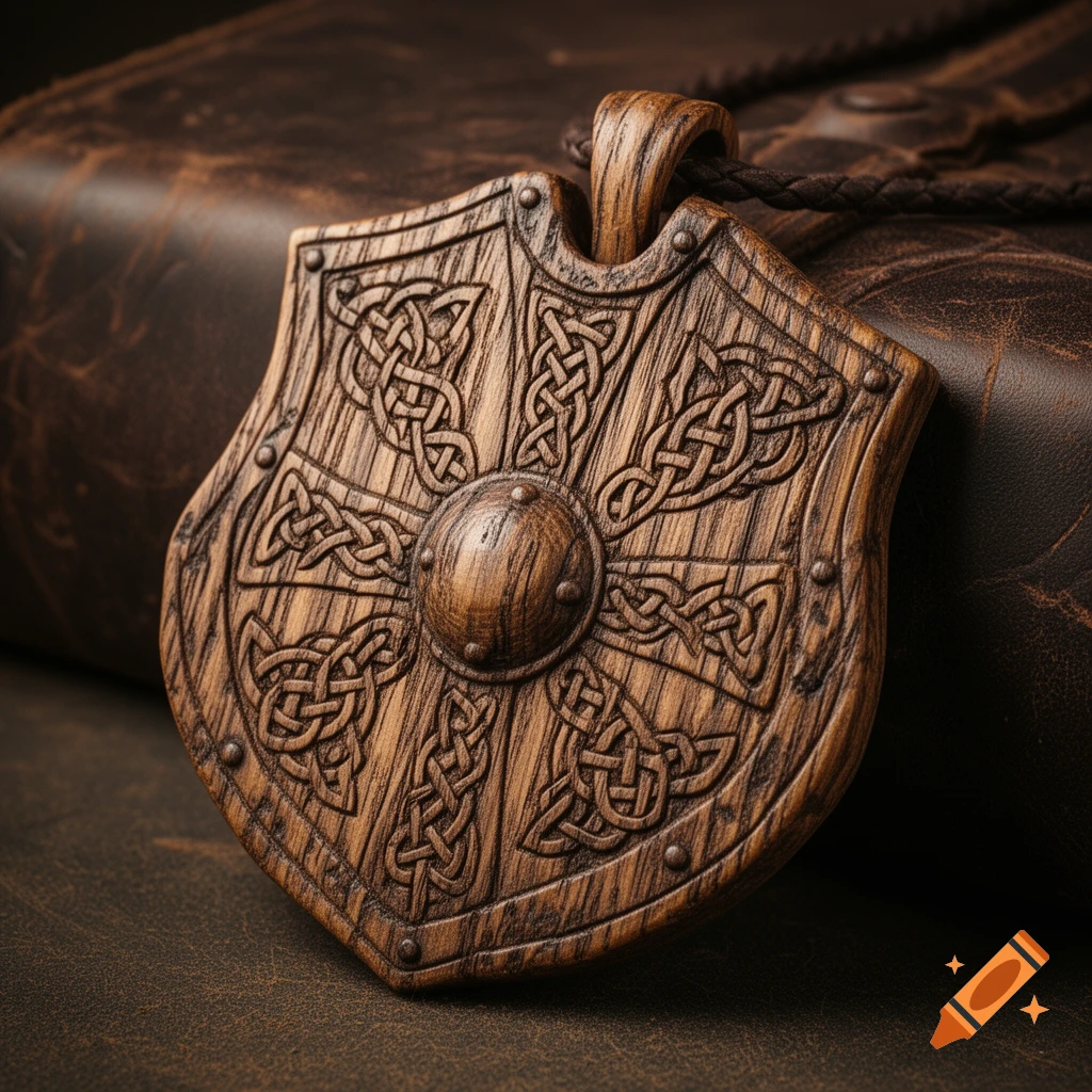 Hand-carved wooden shield-shaped pendant with intricate Celtic knotwork, resting on a dark leather surface.
