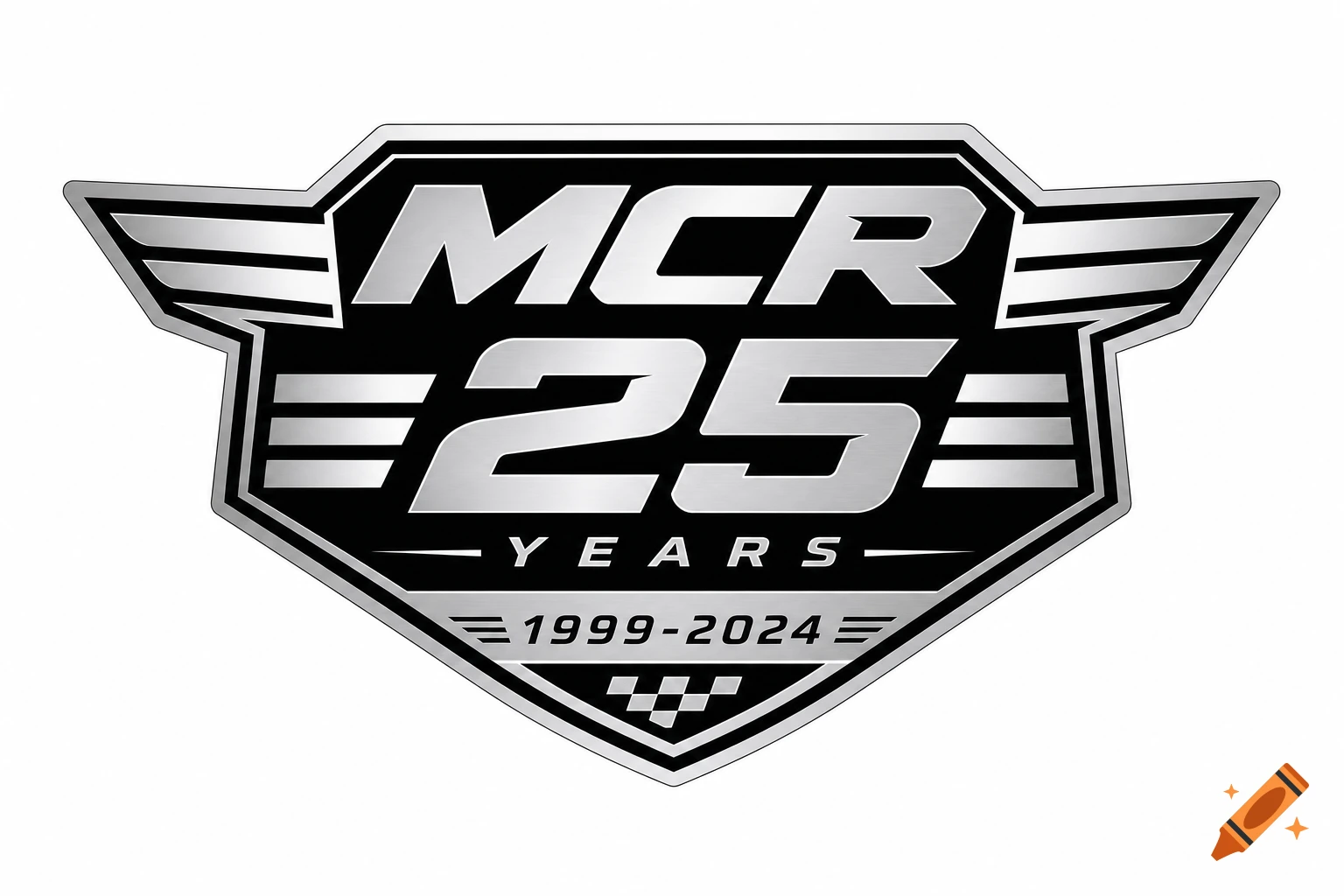 A silver and black automotive-style logo reads 'MCR 25 YEARS 1999-2024' with a checkered flag detail.