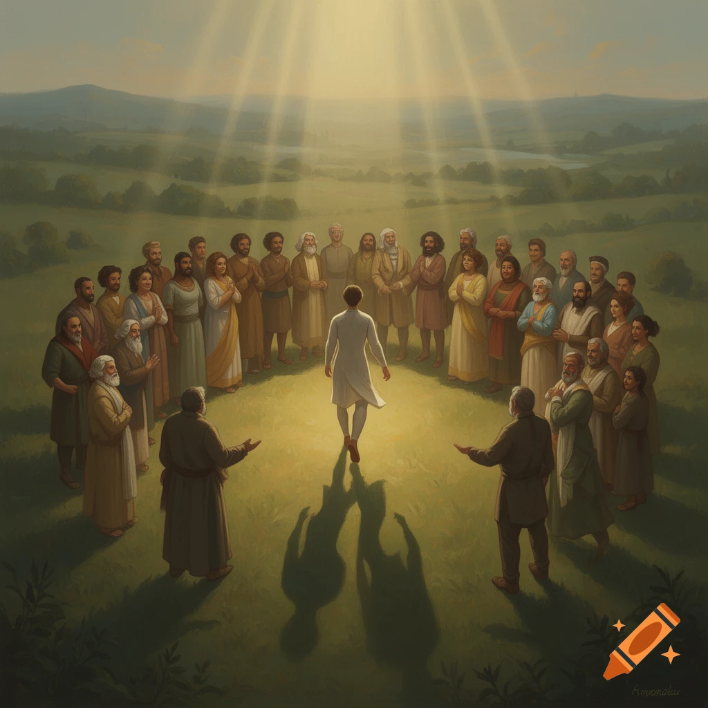 A central figure, bathed in light, walks away from two shadowed figures towards a circle of people in a sunny, green field.