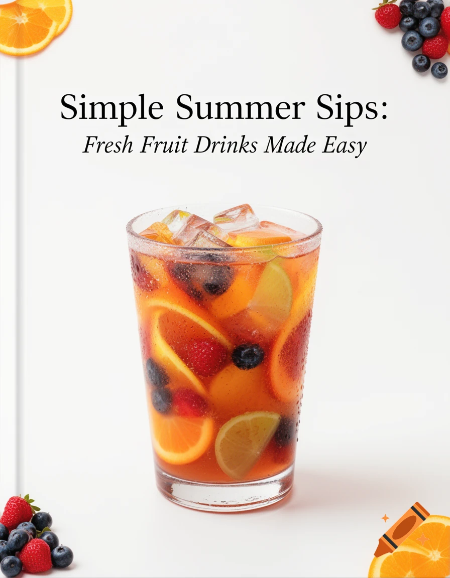 Vibrant fruit punch in a glass with ice and citrus slices, titled 'Simple Summer Sips', on a white background with corner fruit accents.