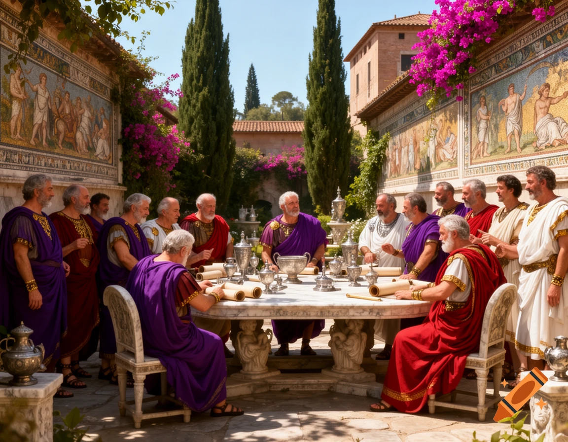 Photorealistic image of men in ancient Roman attire gathered around a table in an outdoor courtyard decorated with mosaics.