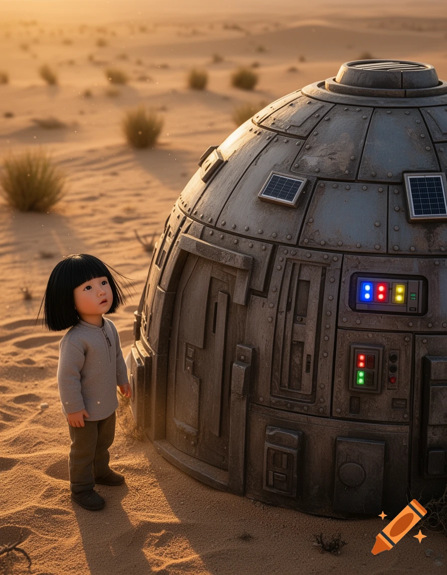 A small child with dark hair stands next to a large, metallic sci-fi capsule in a sunlit desert landscape.