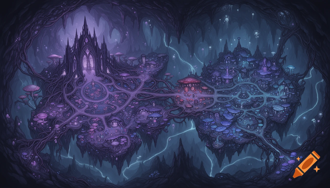 Detailed fantasy map of a glowing underground city with violet and blue mushroom and root architecture.