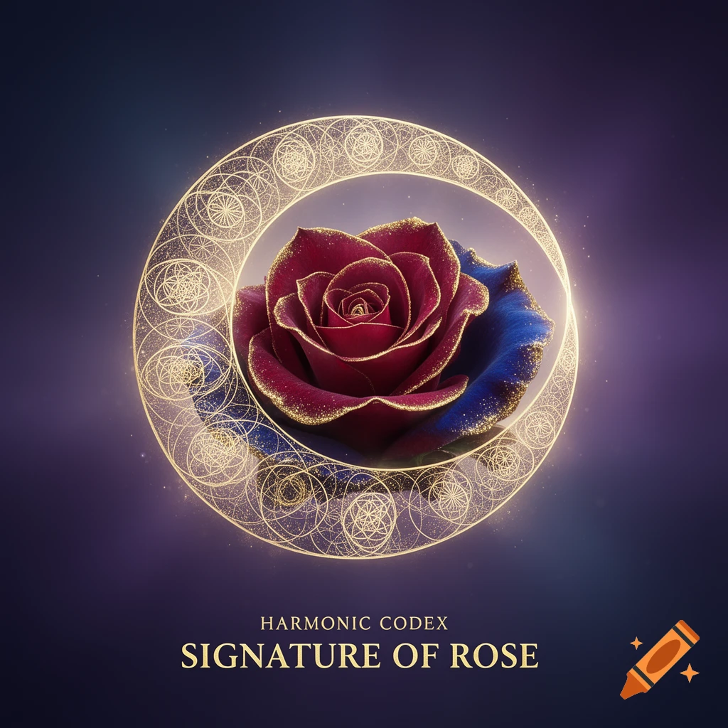 Deep red and blue rose with golden glitter, encircled by glowing golden sacred geometric patterns, on a dark purple background with text.