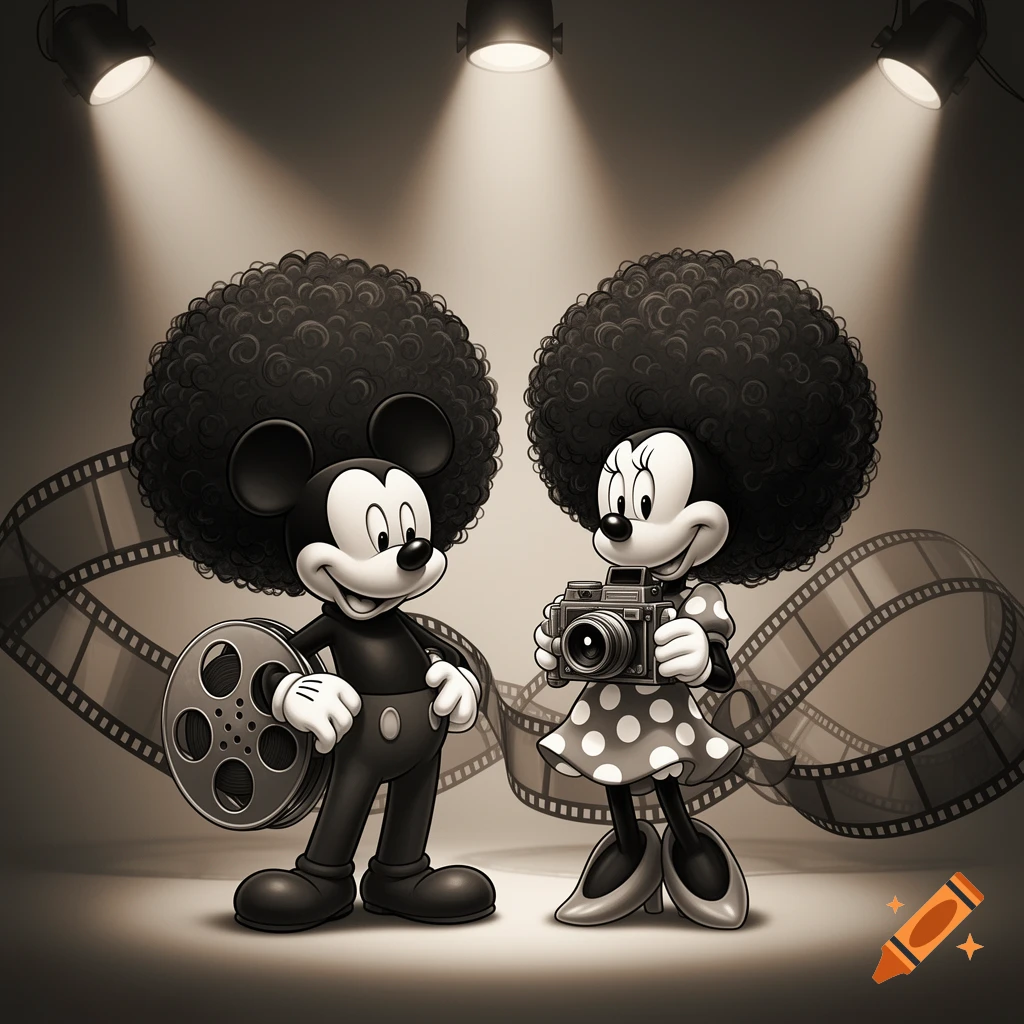 Sepia-toned Mickey and Minnie Mouse with afros, under spotlights with film strips. Mickey holds a film reel, Minnie a vintage camera.
