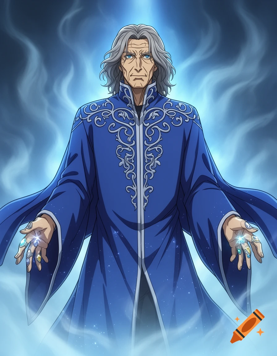 Anime style portrait of an old male mage with grey hair in a blue robe, hands adorned with glowing rings, surrounded by blue energy.