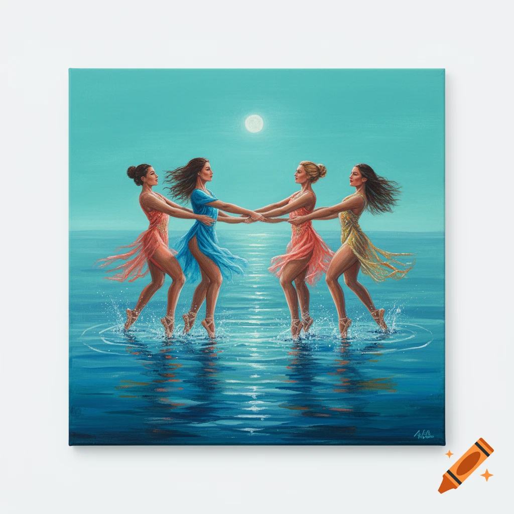 Acrylic painting of four women in colorful dresses dancing in a circle in the ocean under a full moon.