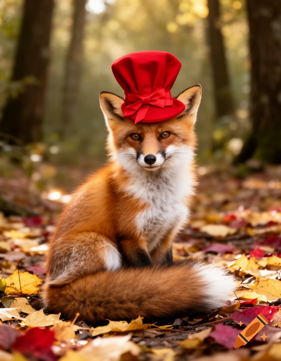 A cute fox wearing a red top hat sits among colorful autumn leaves in a sunlit forest.