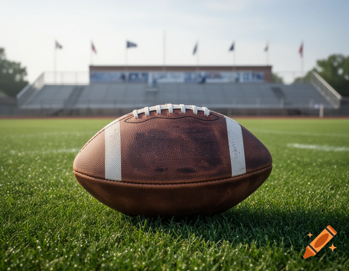A close-up shot of a brown leather football with white laces on a green grass field, with empty stadium bleachers in the background.