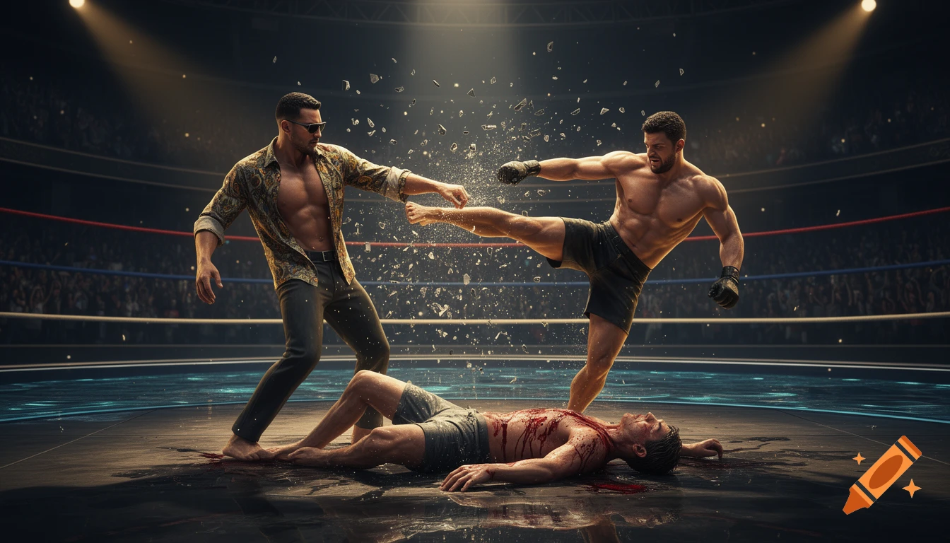 Three muscular male fighters in a dramatic, cinematic boxing ring scene. One stands dominant, another mid-kick, and a third lies defeated on the wet, bloody ground.