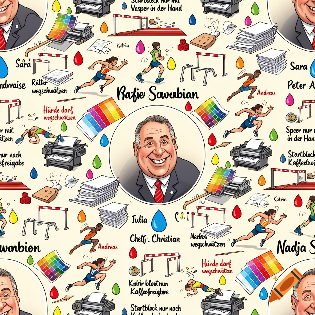 Cartoon pattern for a 60th birthday, featuring a cheerful man in a suit, athletes, office equipment, color palettes, and German text.