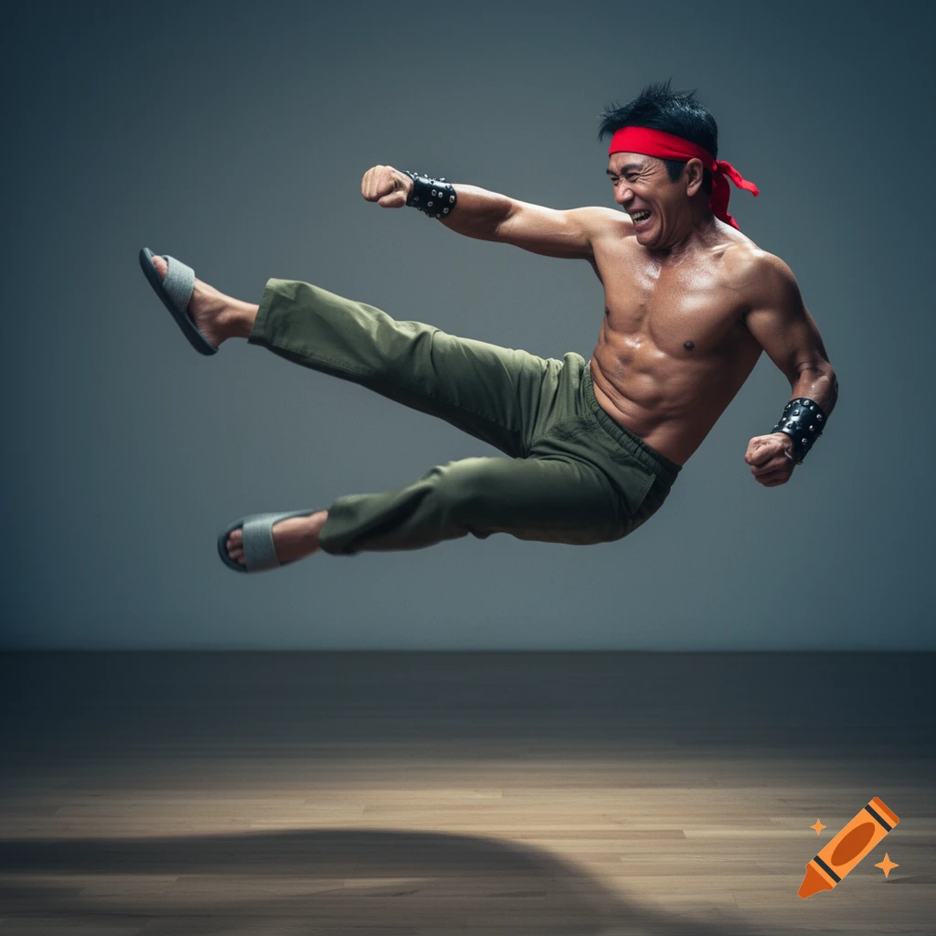 A muscular middle-aged man in olive pants, slippers, and a red headband performs a mid-air fly kick, gritting his teeth in fury.