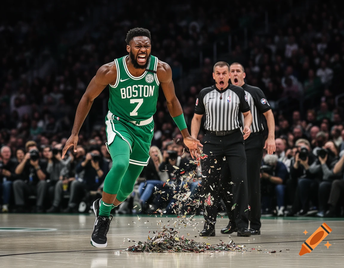 A basketball player in a green jersey with "BOSTON" and number 7, reacts intensely on the court with confetti around him, as two referees stand behind him with wide-open mouths.