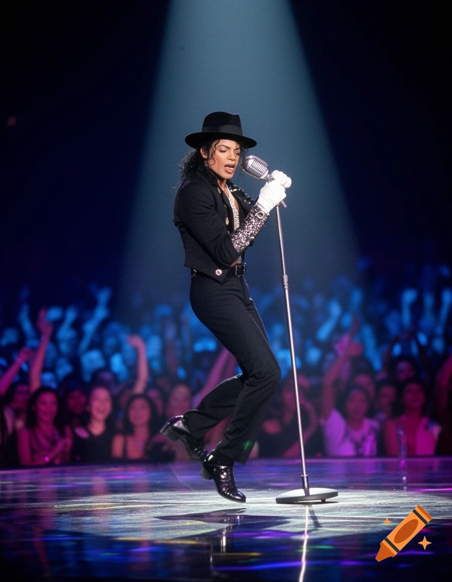 Michael Jackson performing on stage under a spotlight, singing into a microphone, with a crowd in the background.