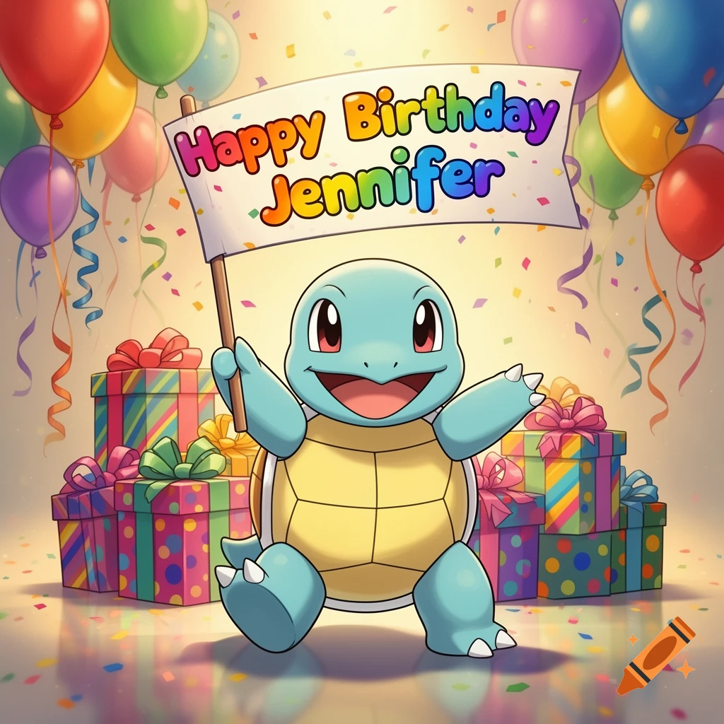 A cheerful Squirtle holds a 'Happy Birthday Jennifer' banner surrounded by colorful balloons, confetti, and gifts.