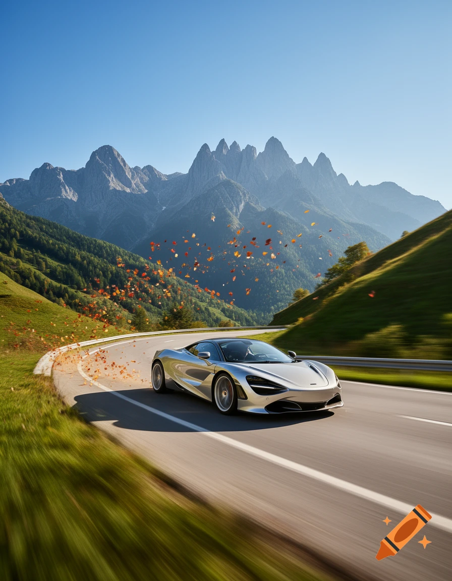 A silver sports car speeds on a winding mountain road with autumn leaves, jagged peaks in the background, under a blue sky.