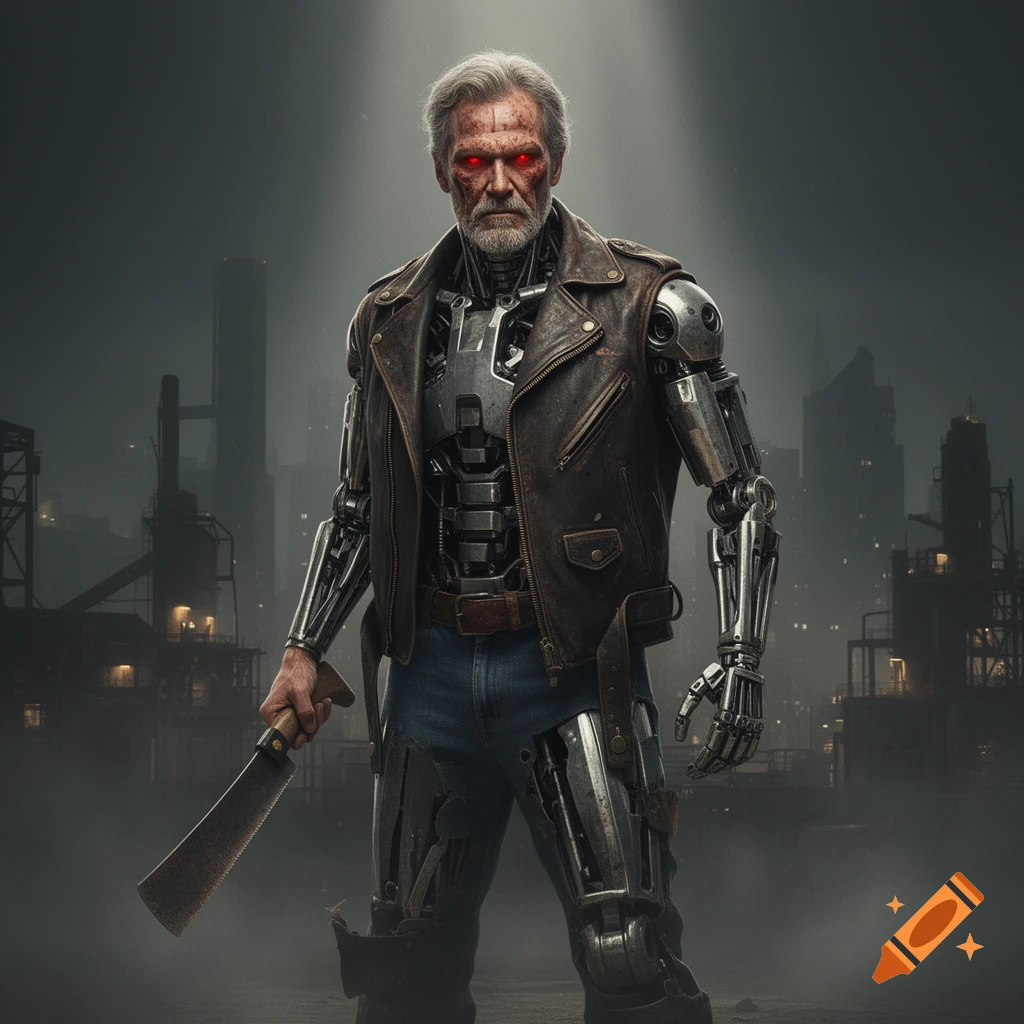 A serious elderly cyborg with red eyes and gray hair wears a leather vest and torn jeans, holding a machete in a smoky, industrial cityscape.