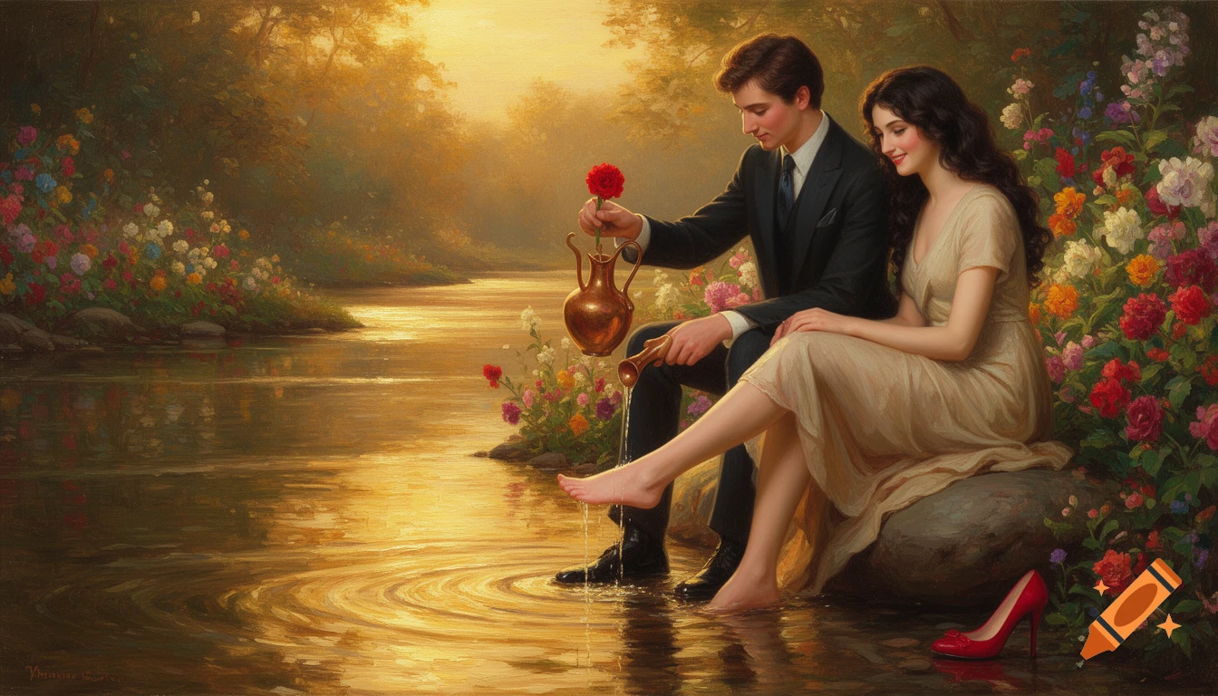 Oil painting of a man pouring water from a pitcher onto a woman's foot by a flower-filled riverside at golden hour.